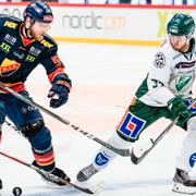 Djurgårdens Alexander Urbom och Färjestads Michael Lindqvist under tisdagens ishockeymatch.