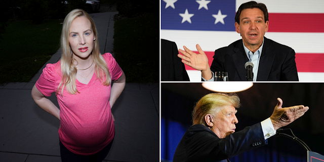 Austin Dennard (en av kvinnorna som stämt Texas sedan nekats abort trots allvarliga graviditetskomplikationer), DeSantis, Trump.  TT