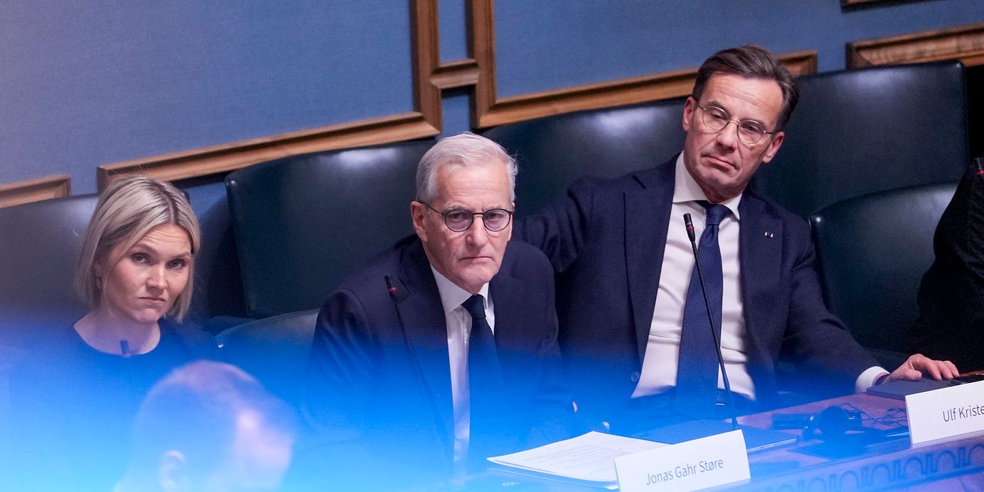 Islands president Kristrún Mjöll Frostadóttir, Norges statsminister Jonas Gahr Støre  och Sveriges statsminister Ulf Kristersson i Helsingfors, 27 oktober.
