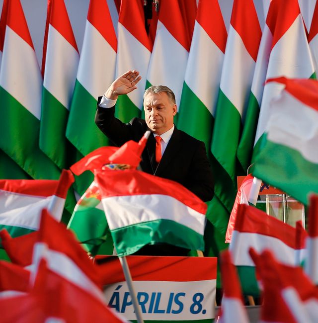 Viktor Orban's waves during an electoral rally in Szekesfehervar.  Darko Vojinovic / AP