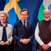 EU-kommissionens ordförande Ursula von der Leyen, Sveriges statsminister Ulf Kristersson (M),  och Indiens premiärminister Narendra Modi.