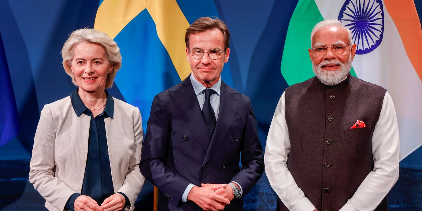 EU-kommissionens ordförande Ursula von der Leyen, Sveriges statsminister Ulf Kristersson (M),  och Indiens premiärminister Narendra Modi.