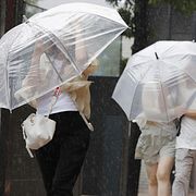 Arkivbild. Japanska invånare skyddar sig från regnet.