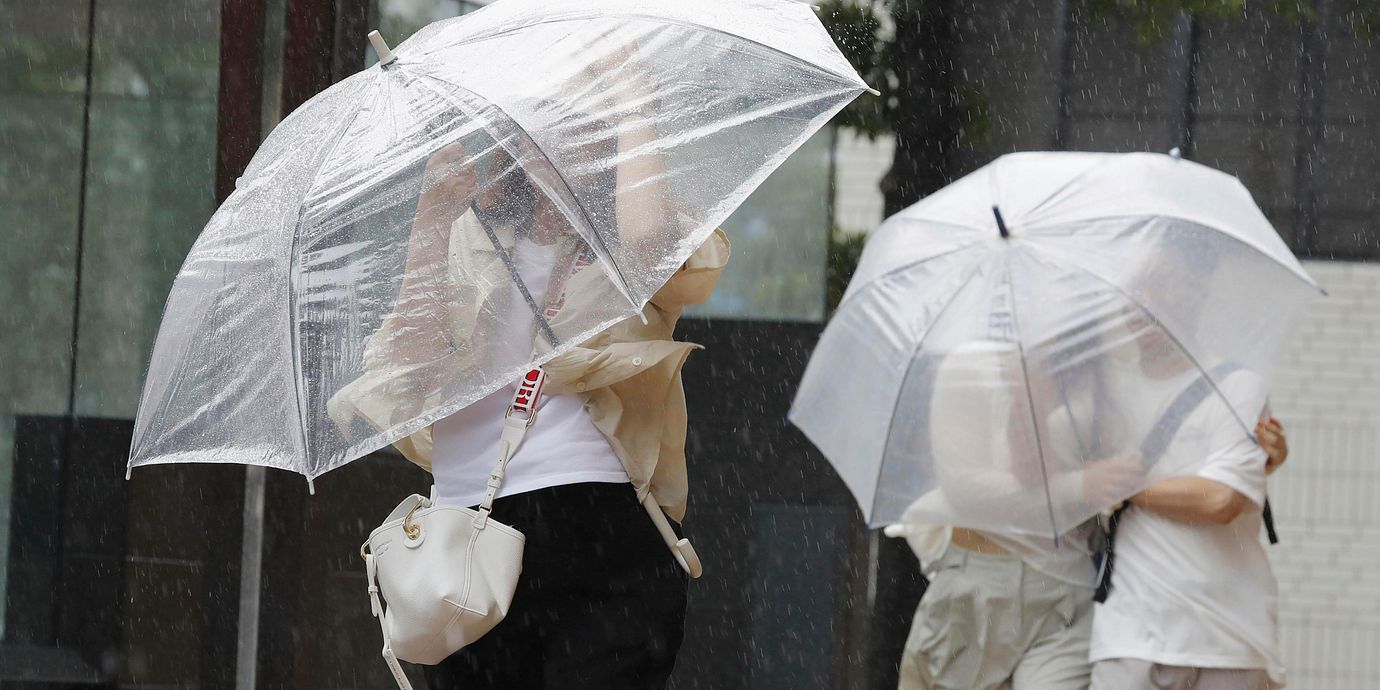 Arkivbild. Japanska invånare skyddar sig från regnet.