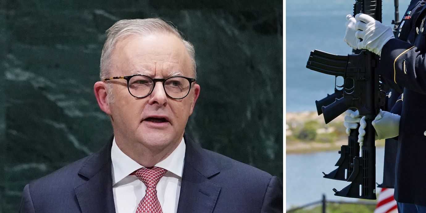 Till vänster: Australiens premiärminister Anthony Albanese. Till höger: Amerikanska soldater i San Francisco. Bilden har ingen koppling till innehållet i artikeln.
