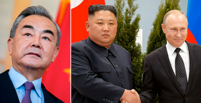 Wang Yi, Nordkoreas ledare Kim Jong-un och Vladimir Putin.  AP/TT