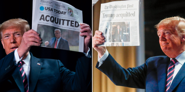 Donald Trump visade upp flera förstasidor på tidningar. TT