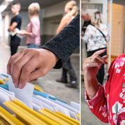  Valförrättare Anne-Maj Råberg utanför vallokalen på Kastanjeskolan i Tomelilla på söndagen. Periodvis har det varit långa köer för att rösta i vallokalen.