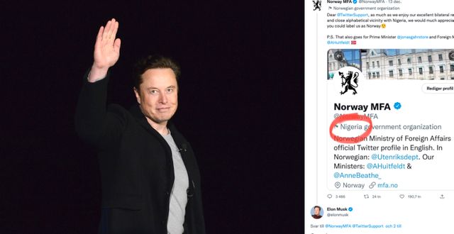 Elon Musk och norska UD:s tweet. TT