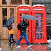 Invånare i London skyddar sig mot snön med paraplyer. 