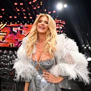 Victoria Silvstedt under pressträffen efter fredagens genrep av deltävling 5 i Melodifestivalen 2025 i Husqvarna Garden.