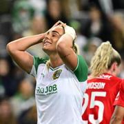 Hammarbys Cathinka Tandberg under onsdagens fotbollsmatch, kval till Champions League, mellan Hammarby IF och Benfica på Tele2 Arena. 