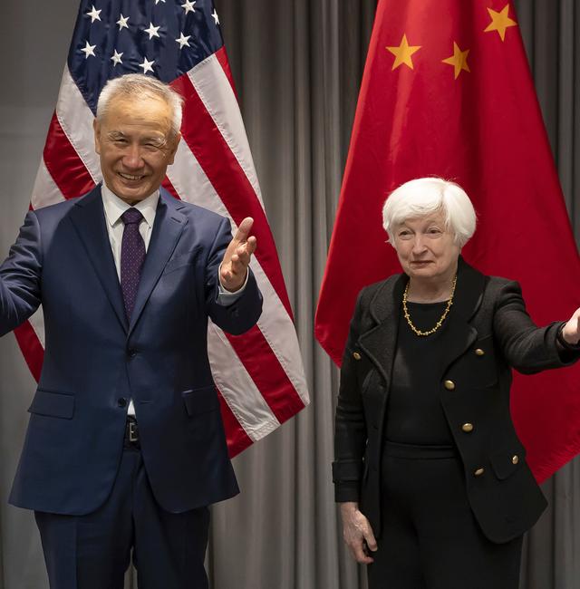 Treasury Secretary Janet Yellen, right, shakes hands with China's Vice-Premier Liu He during a bilateral meeting in Zurich, Switzerland on Wednesday, Jan. 18, 2023. Michael Buholzer / AP