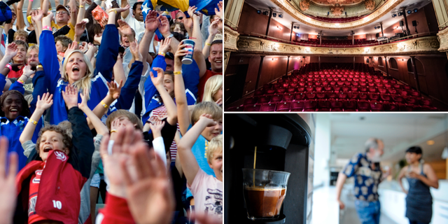 Illustrationsbilder: Läktare, tom teatersalong och kaffemaskin på kontor. TT