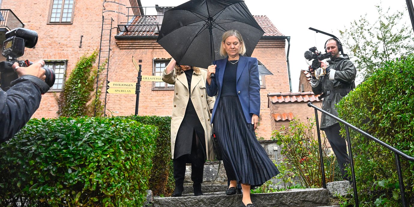 Socialdemokraternas partiledare Magdalena Andersson (S) under fredagens möte med de andra rödgröna partierna.
