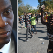 Moïse (t v), demonstrant i Port-au-Prince (t h).