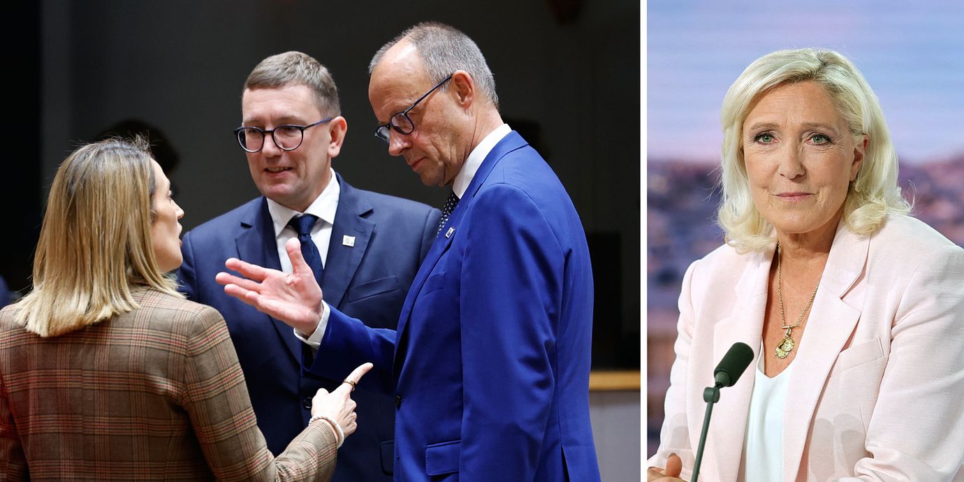 Till vänster: Europaparlamentets president Roberta Metsola, Estlands premiärminister Kristen Michal och Tysklands förbundskansler Friedrich Merz under dagens möte i Bryssel. Till höger: Marine Le Pen inför en tv-sändning i somras.