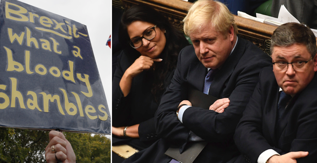 Skylt i protest/Boris Johnson i underhuset.  TT/AP