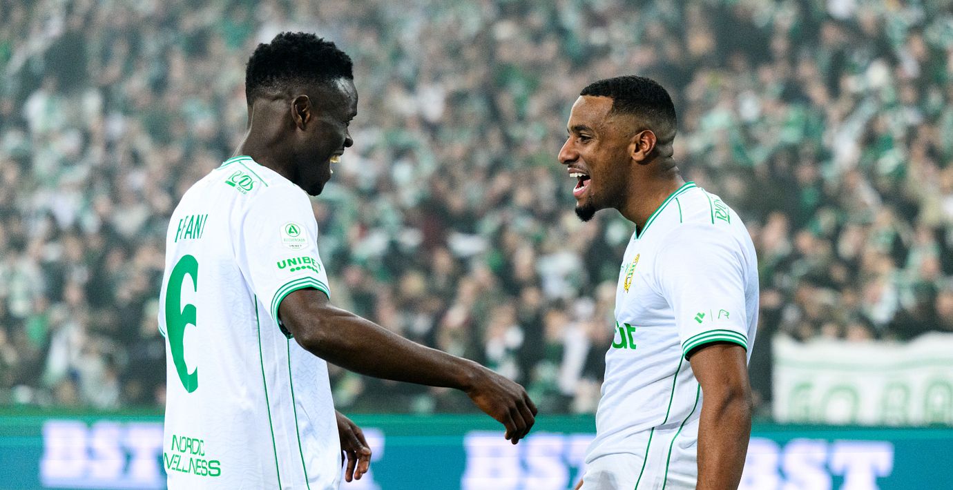 Hammarbys Ibrahima Breze Fofana och Paulos Abraham jublar.