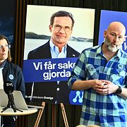 Moderaternas partisekreterare Karin Enström och valledare Martin Borgs när de presenterade Moderaternas valkampanj i våras.