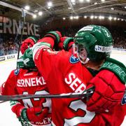 Frölundas Michael Spacek jublar med lagkamrater efter 1-0