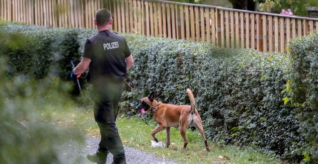 Tysk polis söker igenom en trädgård som en del i utredningen av McCann-fallet. Peter Steffen / AP
