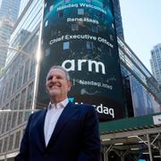 ARM Holdings CEO Rene Haas, poses for photos outside the Nasdaq MarketSite, during his company's IPO, in New York's Times Square, Thursday, Sept. 14, 2023.