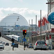 Vy från Skanstull mot Skanstullsbron, Gullmarsplan och Globen. Arkivbild.