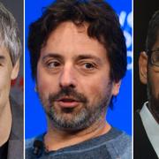 Larry Page, Sergey Brin och Sundar Pichai. Arkivbilder.