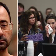 Larry Nassar/en av kvinnorna som vittnade mot honom, Rachael Denhollander (med vit näsduk).