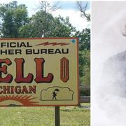 Arkivbild från staden Hell, Michigan till vänster och aktuell bild från Muskegon, Michigan till höger.