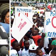 Presidenten Denis Sassou Nguesso höll pressträff i samband med dagens omröstning. Demonstranter tidigare i oktober.