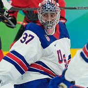Connor Hellebuyck vann OS-guld med USA i Milano 2026. Bild från finalen mot Kanada.