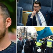 Daniel Poohl, Jimmie Åkesson (SD) och bild från lördagens demonstration i Stockholm.