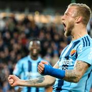 Djurgårdens Alexander Faltsetas jublar efter ett mål i allsvenskan. Arkivbild från oktober 2016.