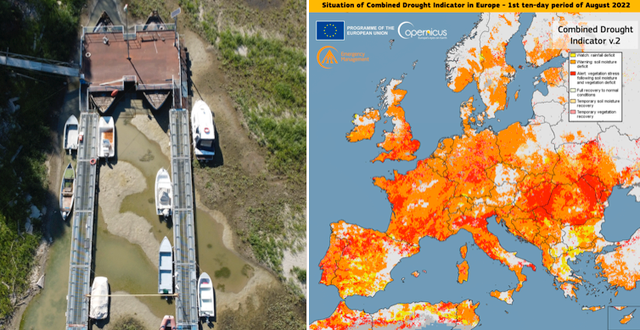Båtar i floden Po i Italien, Sermide/Copernicus karta över torkan de första tio dagarna i augusti. TT/AP
