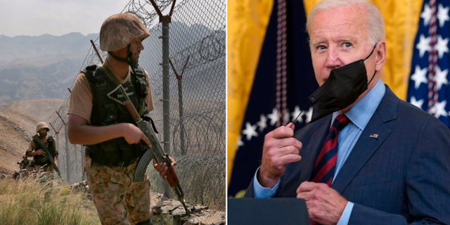 Militär vid gränsen till Afghanistan och Joe Biden.  TT