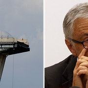 Till vänster: En bit av den kollapsade Morandibron fotograferad den 17 augusti 2018. Till höger: Autostrade per l’Italias dåvarande vd Giovanni Castellucci fotograferad den 18 augusti 2018. Nu döms han till tolv års fängelse.