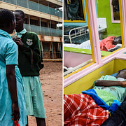 Elever utanför skolan i Kakamega i Kenya / Förälder med sin dotter som skadades i rusningen från skolan.
