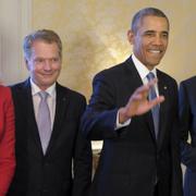 Danmarks statsminister Helle Thornin-Schmidt, Finlands president Saiuli Niinst, Barack Obama och Fredrik Reinfeldt.