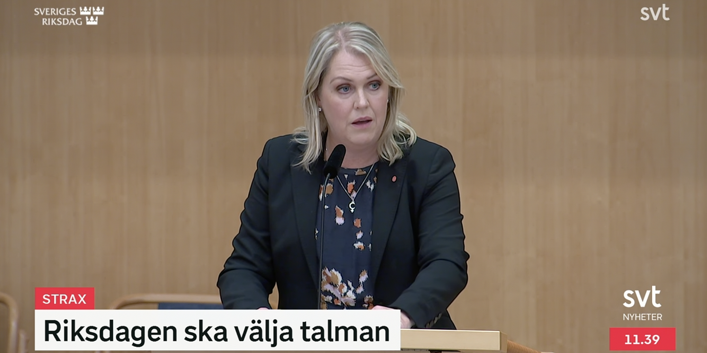 Lena Hallengren (S) under sitt tal i riksdagen.