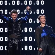 Marcus & Martinus med bidraget ”Unforgettable” vid fredagens genrep i Friends Arena inför finalen av Melodifestivalen 2024.