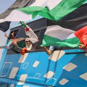 Libyska aktivister på väg till marschen inledde sin resa i Zawiya, Libyen den 10 juni 2025. 