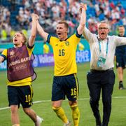 Emil Forsberg, Emil Krafth, förbundskapten Janne Andersson och assisterande förbundskapten Peter Wettergren. 