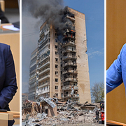 Till vänster: Magdalena Andersson under en partiledardebatt i riksdagen i juni 2025. I mitten: Ett höghus brinner efter en rysk attack i den ukrainska regionen Donetsk den 5 augusti i år. Till höger: Sverigedemokraternas partiledare Jimmie Åkesson under en partiledardebatt i riksdagen den 10 juni i år.