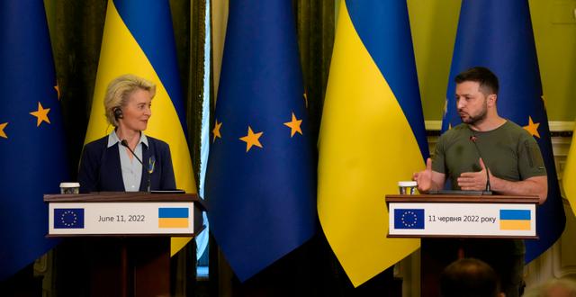 EU-kommissionens ordförande Ursula von der Leyen och Ukrainas president Volodymyr Zelenskyj. Natacha Pisarenko / AP