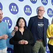 Arkivbild. Tomas Tobé, Jessica Polfjärd, Jörgen Warborn och Arba Kokalari under Moderaternas valupptakt inför EU-valet.