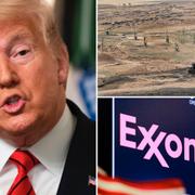 Trump, syriskt oljefält, Exxon Mobils logga på en börsskärm på Wall Street.