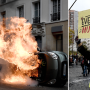 Brinnande bil och demonstrant i Paris.