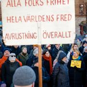 Klimataktivisten Greta Thunberg deltog i en demonstration för fred i Ukraina och mot Rysslands krig, inför årsdagen av Rysslands invasion, på Odenplan i Stockholm. (19 februari)